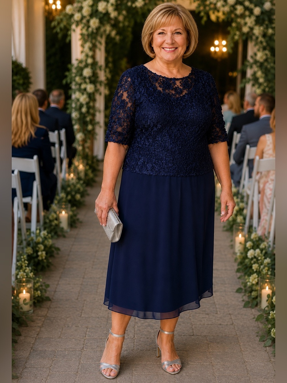 Elegant Navy Midi Dress with Embroidered Bodice